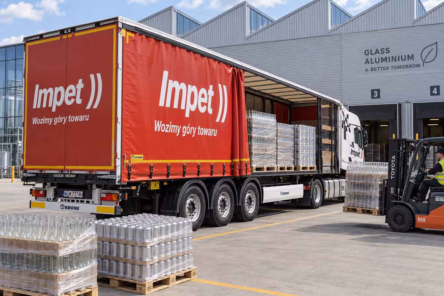 Transport butelek na paletach i puszek do napełniania od producentów