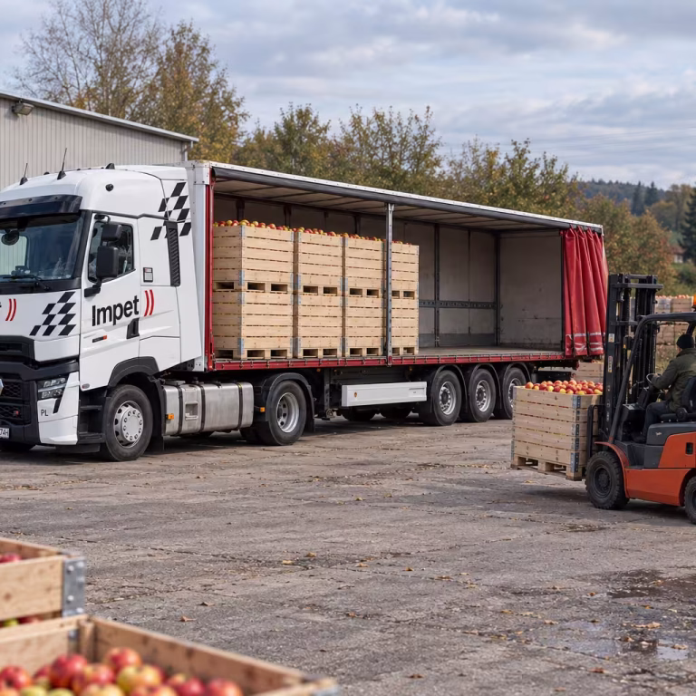 Transport owoców w skrzynkach i skonfekcjonowane w kartonach przygotowane do przewozu na paletach