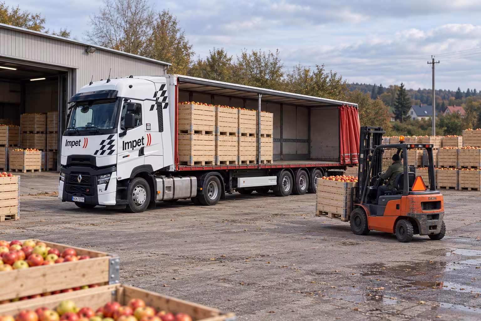 Transport owoców w skrzynkach i skonfekcjonowane w kartonach przygotowane do przewozu na paletach