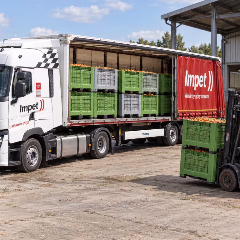 Transport warzyw w skrzyniopaletach i skrzyniach ułożonych w stosy